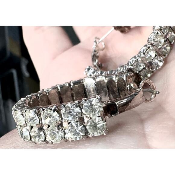Vtg Hoop Earrings Statement double row crystals//pierced cocktail wedding 1.4" - Picture 6 of 6